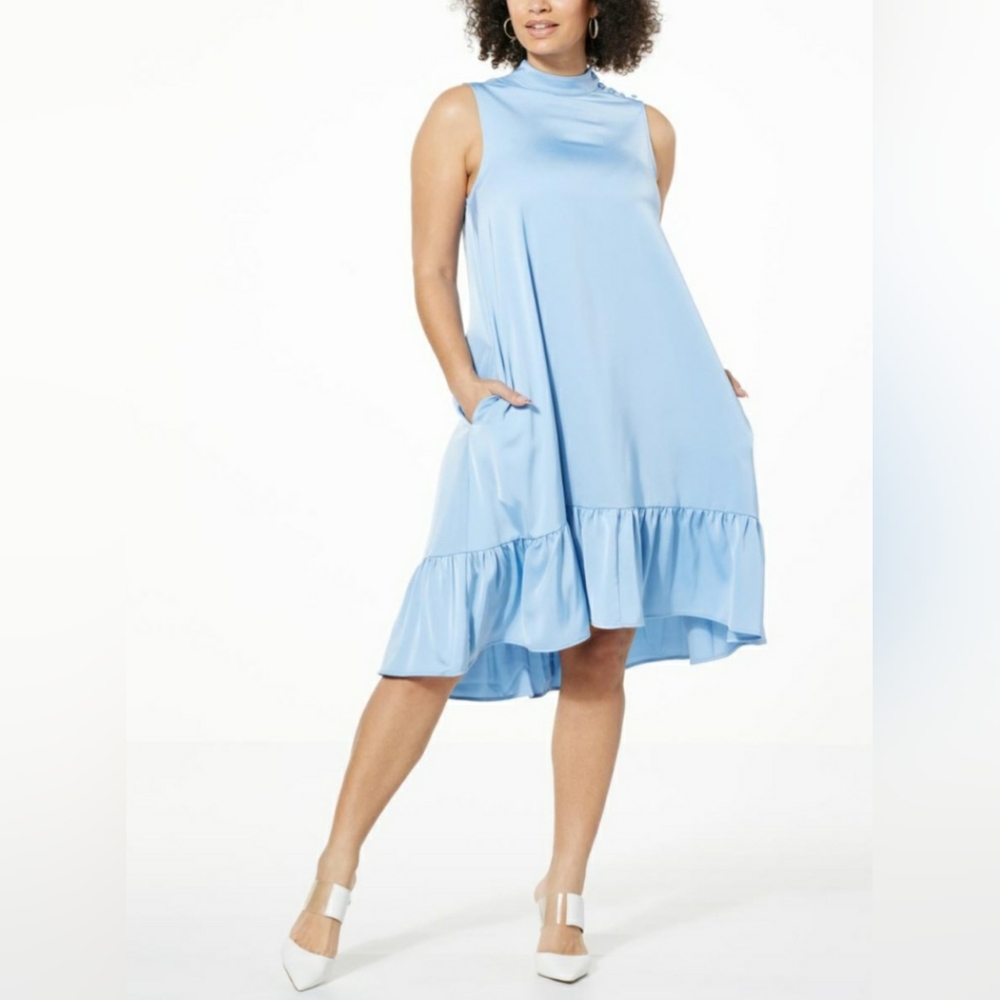 HFR x Undra Celeste Satin Sleeveless Ruffled Hem Aline Midi Dress, Size Small